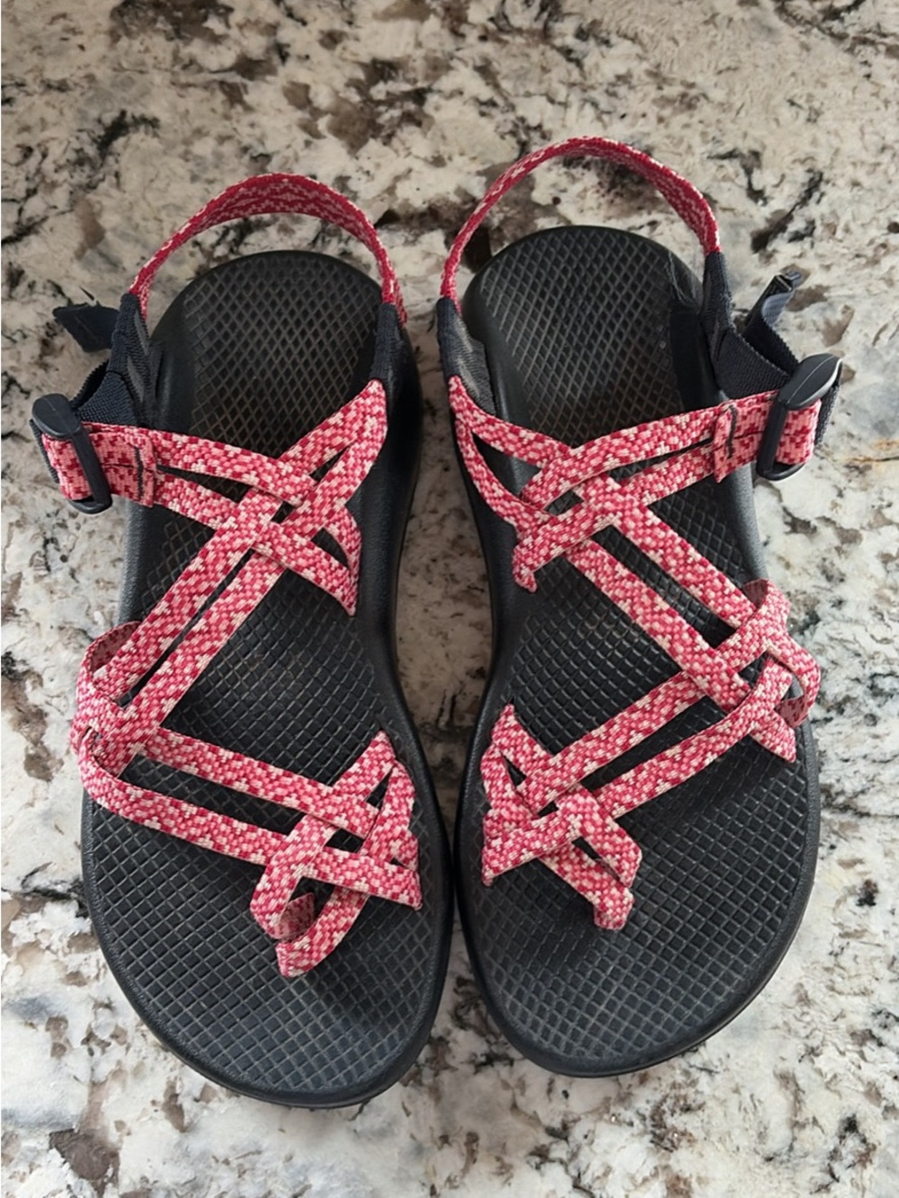 Chaco Women's Pink Patterned Strap Sandals with Black Footbed